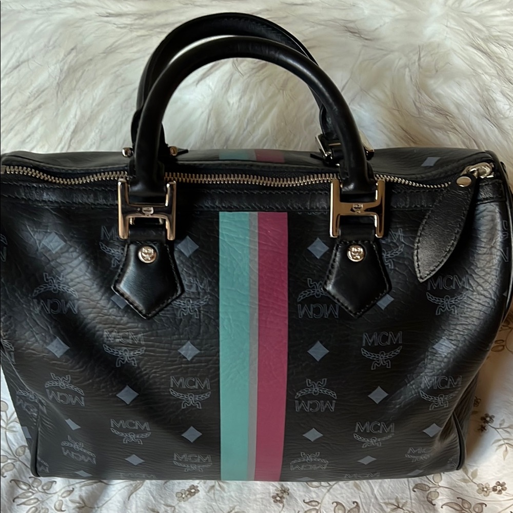 MCM Black Leather w/ Multicolor Racing Stripe & Silver Hardware EUC - Picture 4 of 9